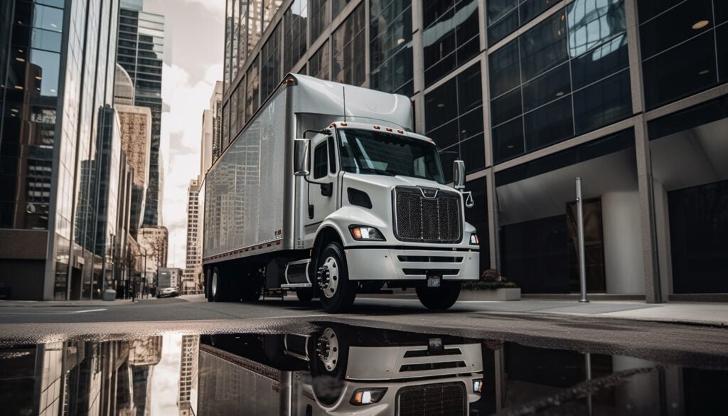 Night trucking delivers cargo to steel warehouse generated by AI